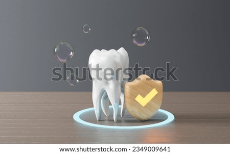 3d tooth with Shield protect,. Cute dentist mascot. Oral health and dental inspection teeth. Medical dentist tool, children healthcare