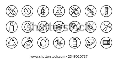 Allergen free badges. No sugar, gluten, lactose, oil free editable stroke thin outline icons set isolated on white background flat vector illustration. Pixel perfect. 64 x 64.