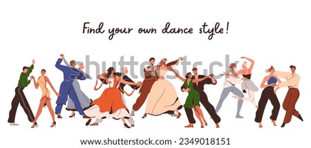 Couples, partner dances of different styles, banner background. Dancer school, studio class advertising. Man and woman pairs performing ballet, waltz, bachata, tango. Flat vector illustration Royalty-Free Stock Photo #2349018151