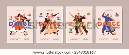 Partner dances, school and studio posters set. Couple dancers classes, promotion flyer designs, advertising templates. Ball, waltz and modern styles, vertical ad cards. Flat vector illustrations Royalty-Free Stock Photo #2349018167