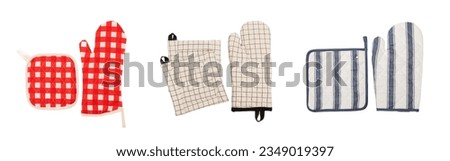 Wooden kitchen utensils, cutting board, potholder and glove isolated on white background. Kitchen Mitten and protective oven mitts on the table. Kitchenware. Kitchen accessories.Close-up.top view. Royalty-Free Stock Photo #2349019397