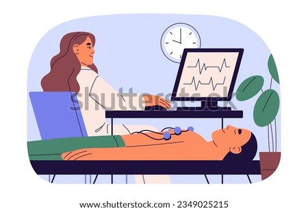 Cardiologist check ECG, EKG, cardiogram and electrocardiogram, patient care about health, treatment of heart disease. Cardio doctor in hospital. Flat isolated vector illustration on white background Royalty-Free Stock Photo #2349025215