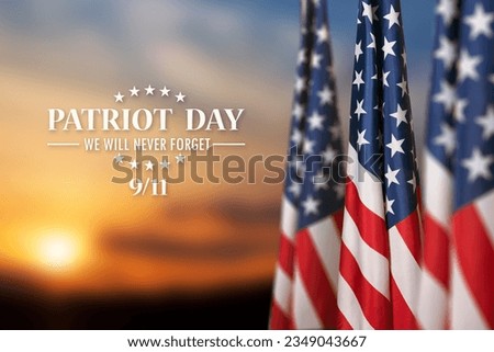 USA flag on sunset sky background. National Day of Prayer and Remembrance for the Victims of the Terrorist Attacks. Patriot Day. Royalty-Free Stock Photo #2349043667