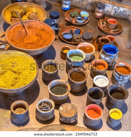 Pigments powders for oil paints like they were made by dutch master painters in golden age 17th century in Amsterdam Royalty-Free Stock Photo #2349046713