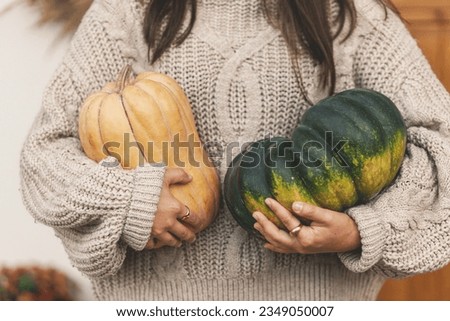 Big autumn pumpkins in hands close up for house entrance decor. Woman in knitted sweater decorating farmhouse front door with pumpkins. Fall arrangement