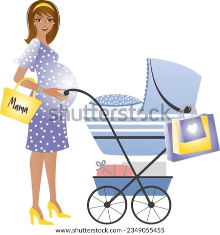 Modern pretty indian pregnant woman with a pram and shopping bags
