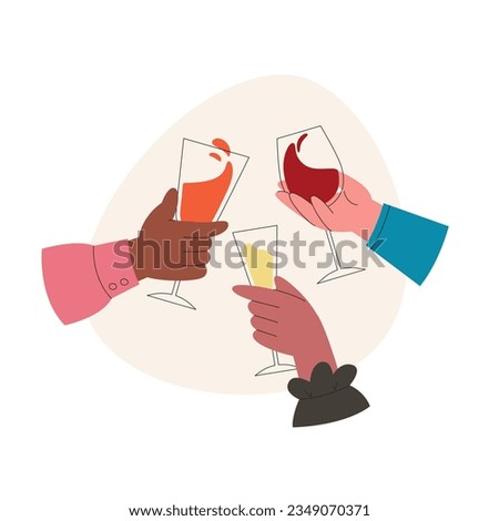 International company of friends cheering with alcohol drinks, celebrating holiday. Hands holding different glasses. Flat style vector illustration isolated on white background Royalty-Free Stock Photo #2349070371
