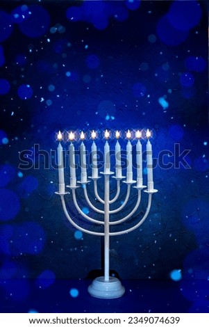 Jewish Hanukkah Menorah 9 Branch Candlestick. Holiday Candle Holder. Nine-arm candlestick. Traditional Hebrew Festival of Lights candelabra. Background for design with copy space.
