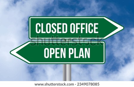 Closed office or open plan road sign on cloudy sky background