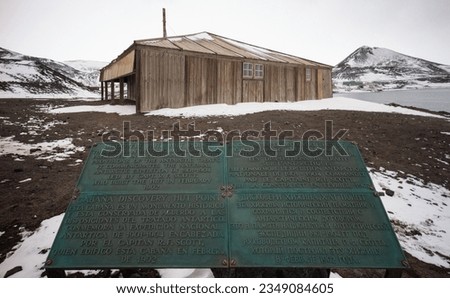 Scott Base, New Zealand; Ross Island, Antarctica; Scott's, Discovery Hut, and Vince's cross at Hut Point; Ross Island, Antarctica Bay; hut and plaque; Scott's Discovery hut, with the American, McMurd