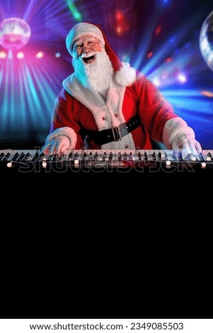 Santa Claus playing the electric piano in a nightclub at a Christmas and New Year party or Corporate events. Senior piano player as Santa at a concert, festival, or celebration.
