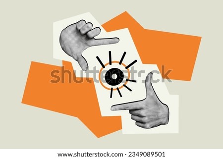 Composite poster abstract sketch photo collage of fingers showing photo frame eye recording video isolated creative colorful background