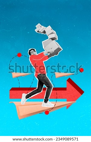 Collage artwork picture of funky excited guy delivering shopping orders isolated blue color background