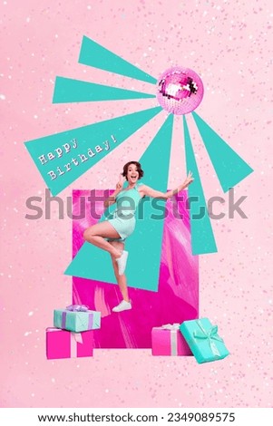 Creative image poster collage of overjoyed cheerful lady have fun dance celebrate birthday isolated on drawing background