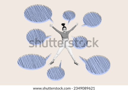 Full body size photo collage of jumping crazy woman round cloud raise hands up look like star some messages isolated on grey background