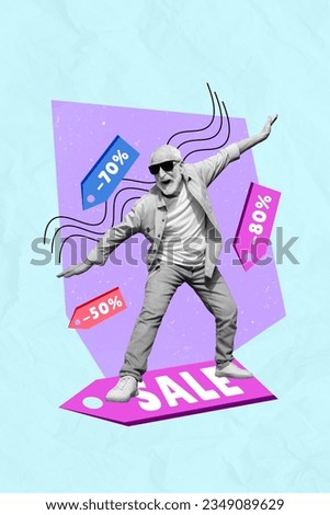 Artwork magazine collage of happy carefree guy riding shopping discounts label isolated drawing background