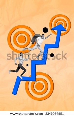 Photo cartoon collage picture of purposeful workers running achieving purpose together isolated beige color background