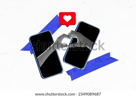 Photo image collage of two smartphones touchscreen fingers internet love click button matches dating app isolated on white background Royalty-Free Stock Photo #2349089687