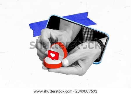 Collage creative 3d picture of human arm make marriage proposal online live stream isolated on white color background