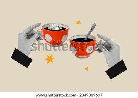 Creative composite abstract photo collage of hands hold coffee in vintage cups with discoball inside isolated on white color background