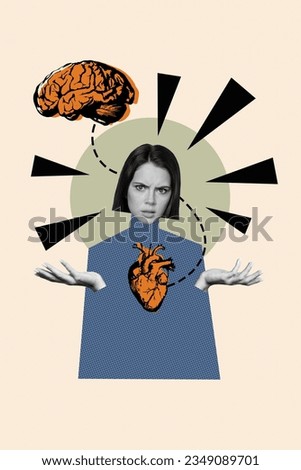 Vertical composite photo collage of minded girl searching compromise between mind and heart isolated on creative drawing background Royalty-Free Stock Photo #2349089701
