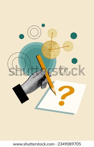 Vertical composite artwork photo collage of arm hold pencil write question mark guess riddle isolated on creative painted background Royalty-Free Stock Photo #2349089705