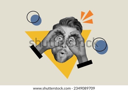 Composite illustration photo collage of funny impressed man hold arms on eyes staring at sale isolated on creative drawing background Royalty-Free Stock Photo #2349089709