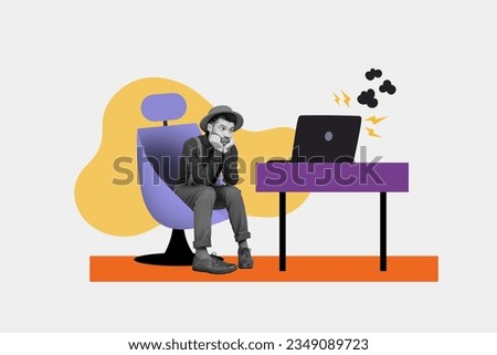 Collage picture of black white colors unsatisfied moody guy sit chair thunderstorm clouds lightning netbook isolated on creative background