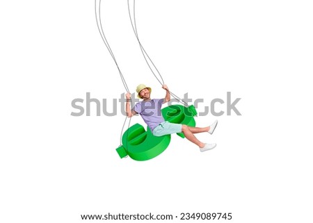 Poster 3d photo minimalistic collage of funky happy guy swings earn money isolated on white color background