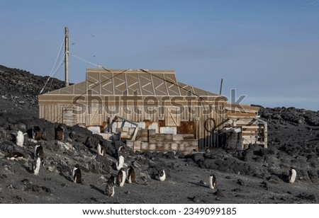 Orange hut, in the Gannovex, Research Station; Terra Nova Bay, Antarctica; Shackletons, hut and Adele, penguin pond; Ross Island, Antarctica Bay; Shackleton, hut with Adele penguins; Ross, Blue Island