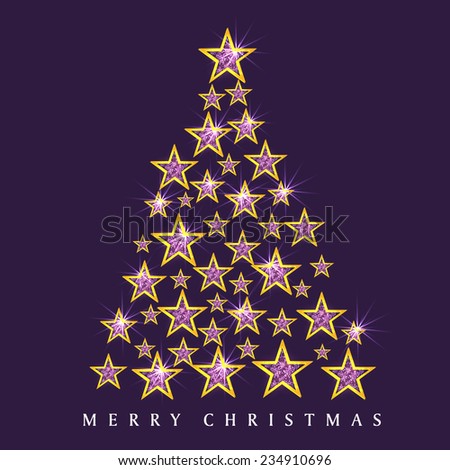 Stars decorated shiny X-mas Tree for Merry Christmas celebration on purple background.
