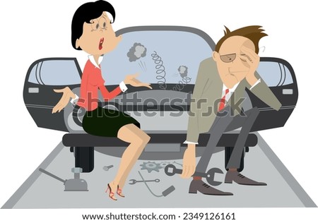 Sad man, angry woman and broken car. 
Upset woman asks the man to do something with the broken car. Isolated on white illustration

