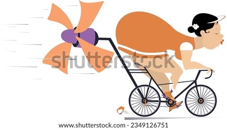 Cartoon woman rides a bike. Cycling girl. 
Fat bottomed girl on the bike tries to ride faster using a propeller. Isolated on white background
