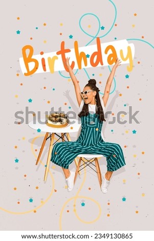 Vertical collage image of positive overjoyed girl sit chair raise hands birthday cake table isolated on drawing stars background