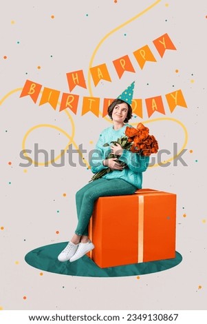 Vertical collage picture of minded positive girl sit huge giftbox hold rose flowers bouquet happy birthday flags isolated on painted background