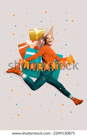 Vertical collage image of overjoyed girl jumping hold birthday flags big giftbox painted stars isolated on grey background