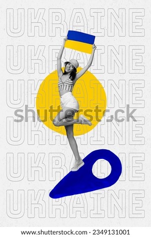 Collage placard billboard of funky young woman hold small emblem ukraine flag geolocation stop war politics isolated on white background