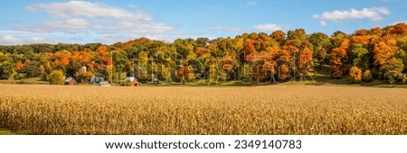 Panorama of the autumn forest at the edge of the field. Autumn forest panorama. Autumn forest panoramic landscape. Autumn landscape Royalty-Free Stock Photo #2349140783