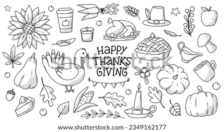 Thanksgiving doodles, monochrome set of sketched elements isolated on white background. Good for prints, stickers, coloring books, scrapbooking, sublimation, cards, signs, icons, etc. EPS 10