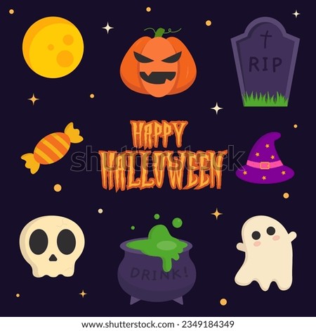 Collection of isolated Halloween elements. Skull, hat, ghost, grave, cauldron and more. Vector illustration.