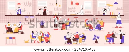 Food court. Busy restaurant hall with people eating, drinking together and talking. Visitors at cafe tables enjoying dinner vector illustration of restaurant cafe with chair and food lunch Royalty-Free Stock Photo #2349197439