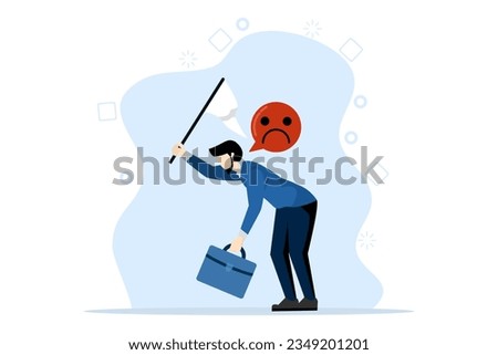 concept of giving up or surender on business battle, time to quit or quit failed company, sad businessman waving white flag metaphor of giving up or giving up on work and business. Royalty-Free Stock Photo #2349201201