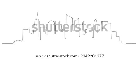 City landscape continuous one line. Single line cityscape. Downtown landscape with skyscrapers. Architectural panorama. Hand drawn sketch with urban silhouettes, city, skyscraper, building. Vector Royalty-Free Stock Photo #2349201277