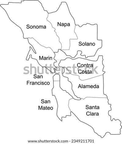 bay area county vector map with labels, borders, sonoma, napa, solano, marin, san francisco, san mateo, alameda, contra costa, santa clara Royalty-Free Stock Photo #2349211701