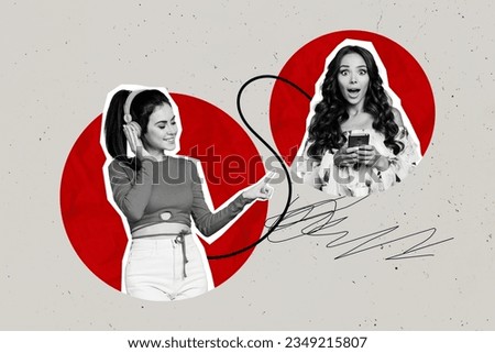 Composite collage portrait of two black white effect girls use smart phone listen music headphones isolated on grey background