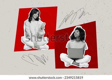 Composite collage image of young funny girls friendship colleagues coworkers connection laptop device telephone red background social media Royalty-Free Stock Photo #2349215819