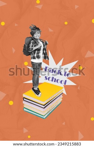 Photo cartoon comics sketch collage picture of smiling happy small schoolkid enjoying back to school isolated creative background