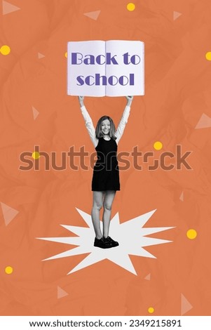 Creative template graphics collage image of smiling happy small schoolkid rising back to school placard isolated colorful background