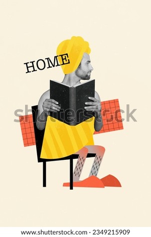 Vertical collage picture of black white colors guy towel head sit chair hold opened book spend pastime home isolated on beige background