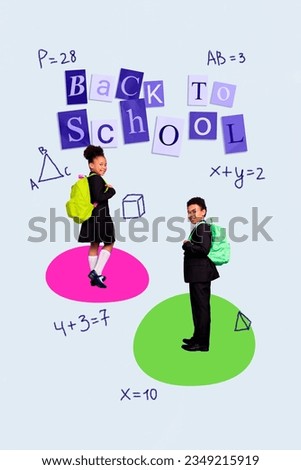 Vertical collage of two positive smart kids carry rucksack go back to school mathematical equation formula isolated on creative background